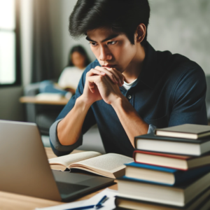 Esta imagem mostra uma pessoa concentrada estudando em uma mesa, cercada por livros e um laptop, simbolizando a dedicação necessária para dominar uma nova habilidade. O ambiente é tranquilo e propício para a aprendizagem.