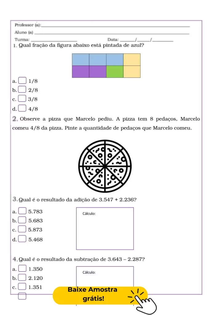 Esta atividade é ideal para reforçar a compreensão de frações e a prática de operações básicas de adição e subtração. Ajuda os alunos a melhorar suas habilidades matemáticas de forma lúdica e interativa.