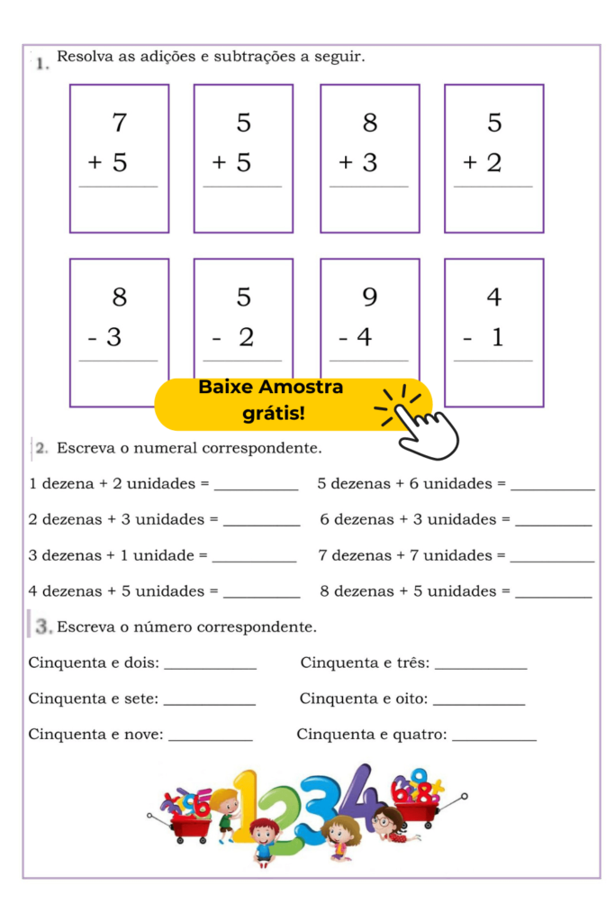 Esta atividade é ideal para reforçar a compreensão de operações básicas de adição e subtração, bem como a habilidade de traduzir descrições verbais de números em numerais.