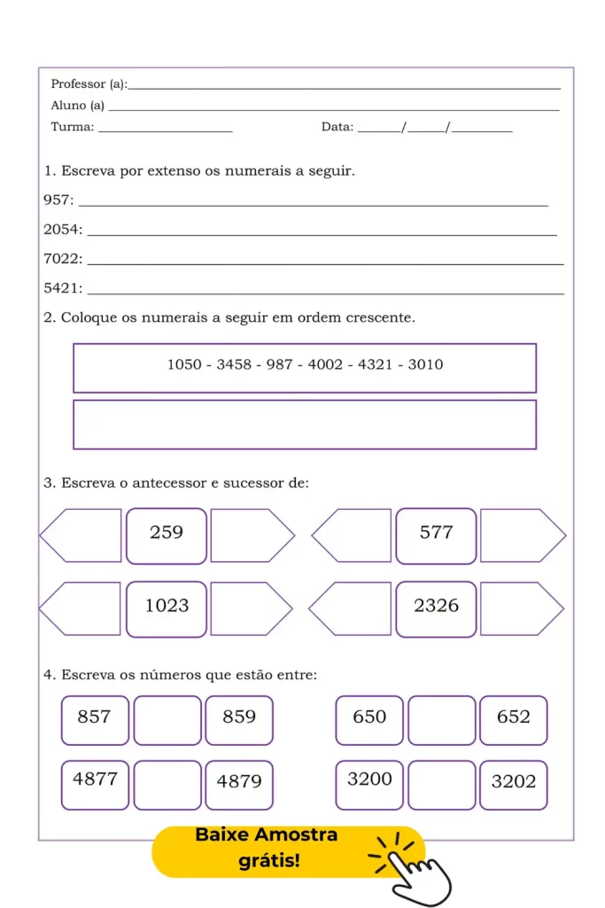 Esta atividade é ideal para reforçar a compreensão numérica e a prática de operações básicas. Ajuda os alunos a melhorar sua habilidade de leitura e escrita de numerais, bem como a compreensão de sequências numéricas.