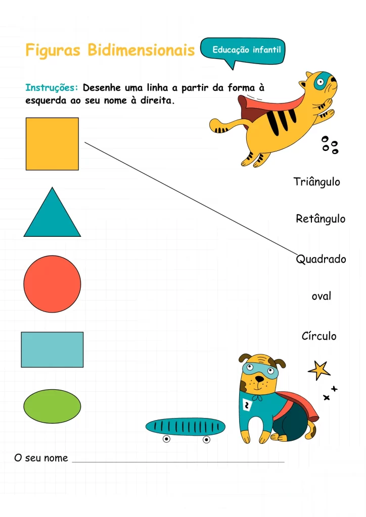 Nesta atividade, os alunos devem desenhar uma linha a partir da forma à esquerda até seu nome à direita. Esta atividade ajuda as crianças a reconhecer e nomear figuras bidimensionais básicas, como quadrado, retângulo, triângulo, círculo e oval.