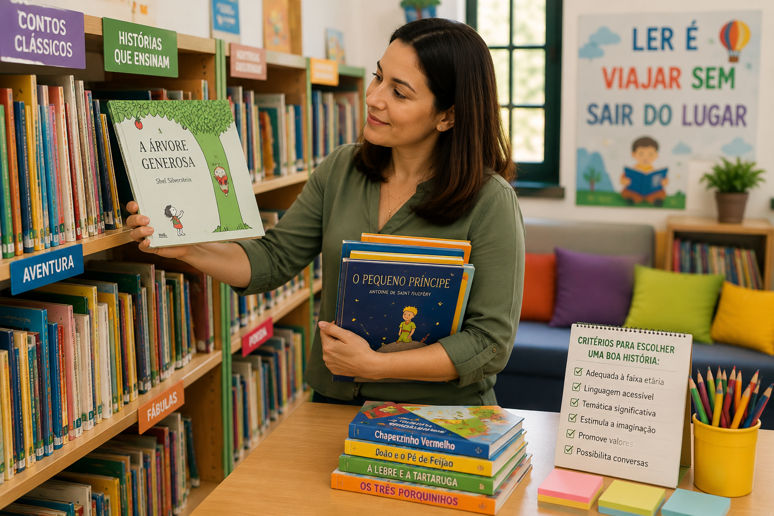 Professora selecionando livros adequados para a turma